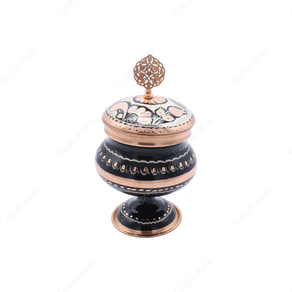 Copperdone Decorative Anatolia Handmade Hand Engraved Copper Candy Sugar Bowl With Lid Black - 1