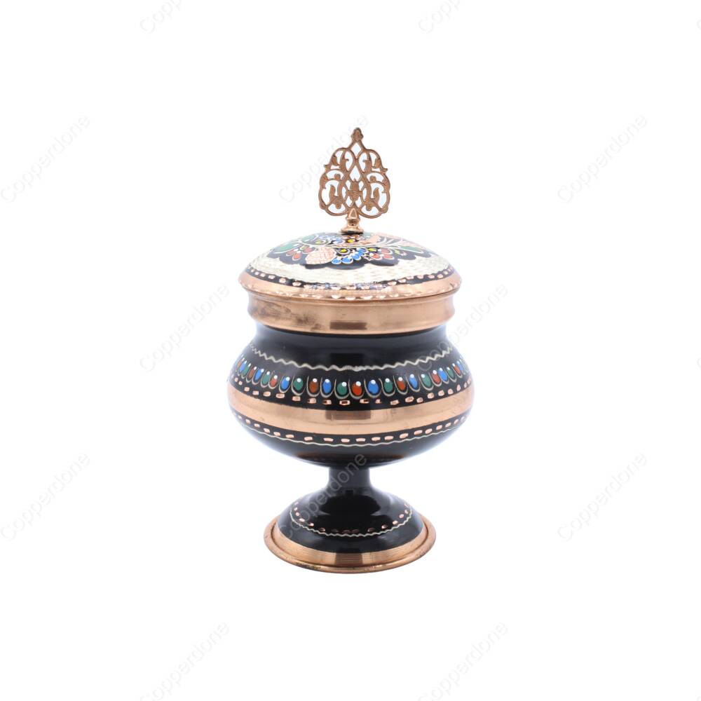 Copperdone Decorative Anatolia Handmade Hand Engraved Copper Candy Sugar Bowl With Lid Black Enameled - 1