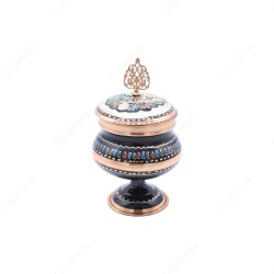 Copperdone Decorative Anatolia Handmade Hand Engraved Copper Candy Sugar Bowl With Lid Black Enameled - 2