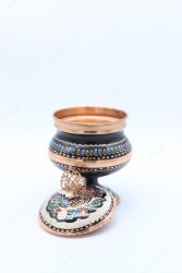 Copperdone Decorative Anatolia Handmade Hand Engraved Copper Candy Sugar Bowl With Lid Black Enameled - 3