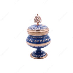 Copperdone Decorative Anatolia Handmade Hand Engraved Copper Candy Sugar Bowl With Lid Blue - 1