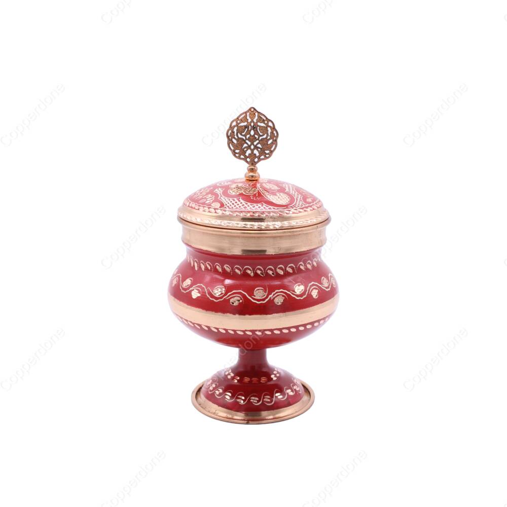 Copperdone Decorative Anatolia Handmade Hand Engraved Copper Candy Sugar Bowl With Lid Red - 1