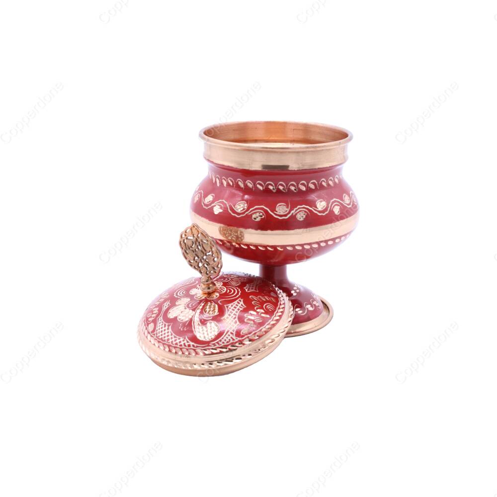 Copperdone Decorative Anatolia Handmade Hand Engraved Copper Candy Sugar Bowl With Lid Red - 2