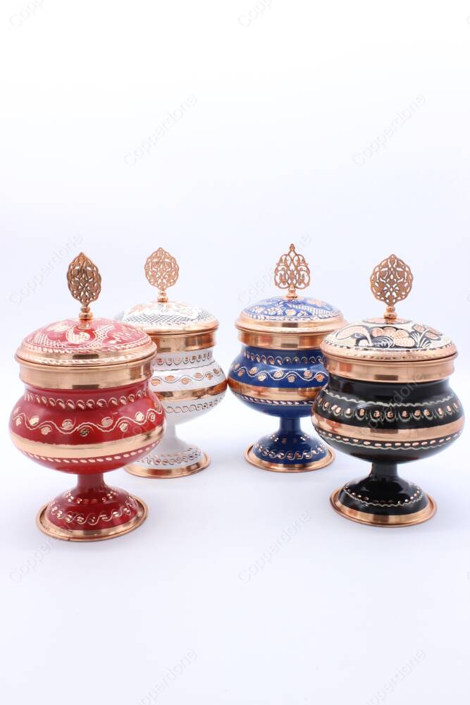 Copperdone Decorative Anatolia Handmade Hand Engraved Copper Candy Sugar Bowl With Lid Set - 3