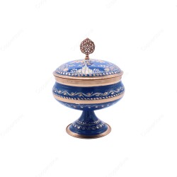 Copperdone Decorative Erzincan Style Handpainted Hand Engraved Copper Candy Sugar Bowl With Lid Blue - 1