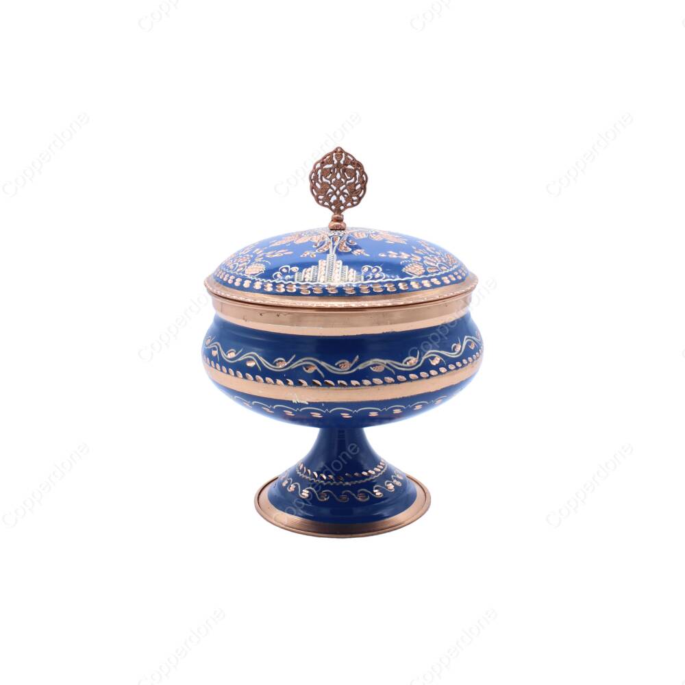 Copperdone Decorative Erzincan Style Handpainted Hand Engraved Copper Candy Sugar Bowl With Lid Blue - 1