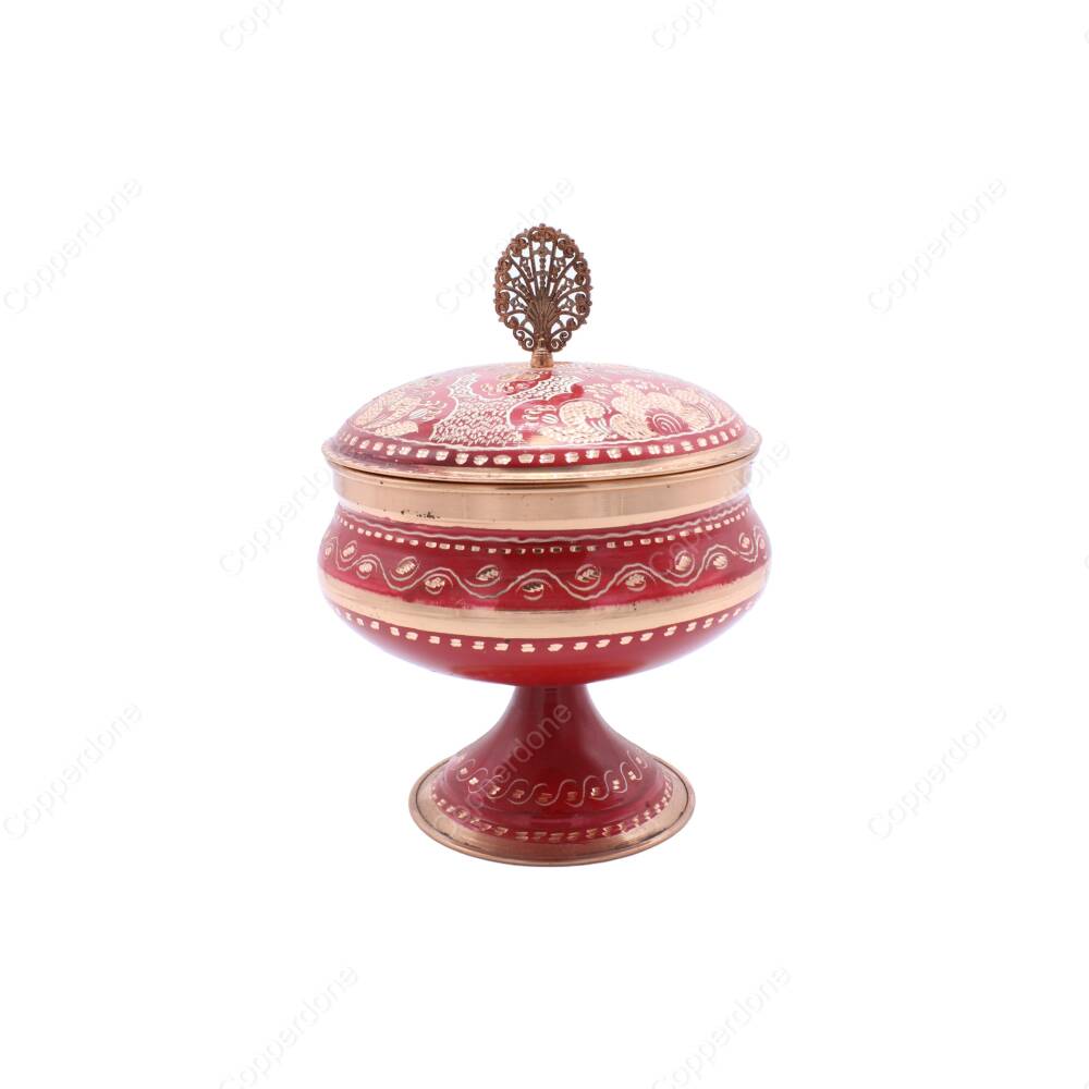 Copperdone Decorative Erzincan Style Handpainted Hand Engraved Copper Candy Sugar Bowl With Lid Red - 1