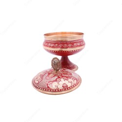 Copperdone Decorative Erzincan Style Handpainted Hand Engraved Copper Candy Sugar Bowl With Lid Red - 2