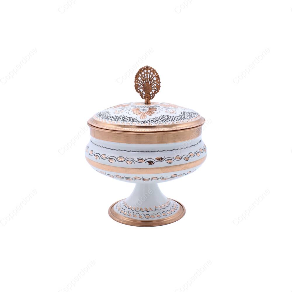 Copperdone Decorative Erzincan Style Handpainted Hand Engraved Copper Candy Sugar Bowl With Lid White - 1