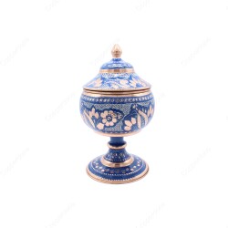 Copperdone Decorative Handmade Hand Engraved Copper Candy Sugar Bowl With Lid Blue Color - 1