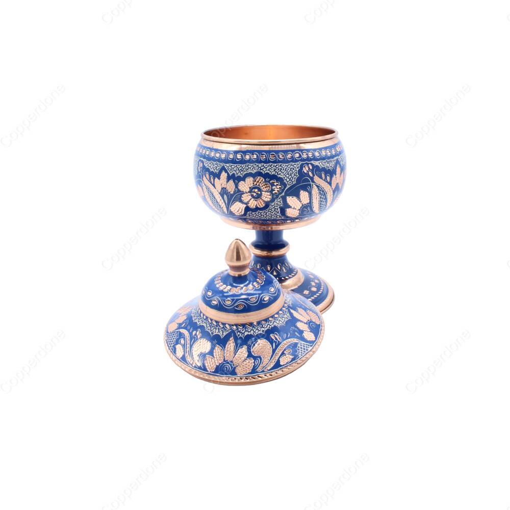 Copperdone Decorative Handmade Hand Engraved Copper Candy Sugar Bowl With Lid Blue Color - 2