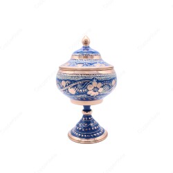 Copperdone Decorative Handmade Hand Engraved Copper Candy Sugar Bowl With Lid Blue Color - 1