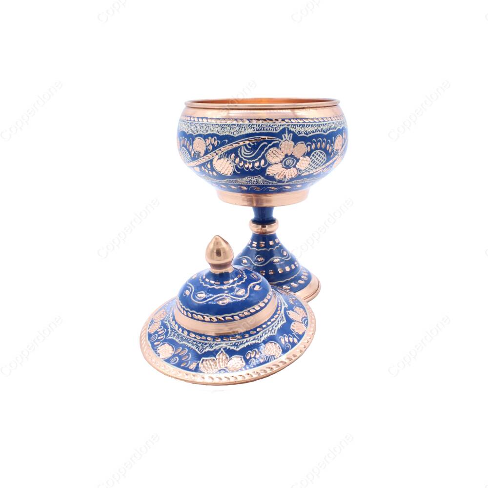 Copperdone Decorative Handmade Hand Engraved Copper Candy Sugar Bowl With Lid Blue Color - 2