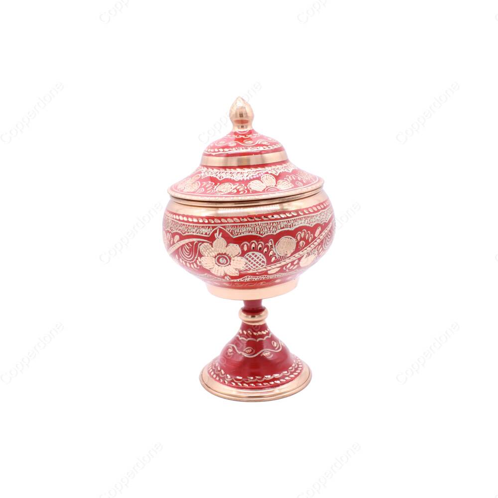 Copperdone Decorative Handmade Hand Engraved Copper Candy Sugar Bowl With Lid Red Color - 1