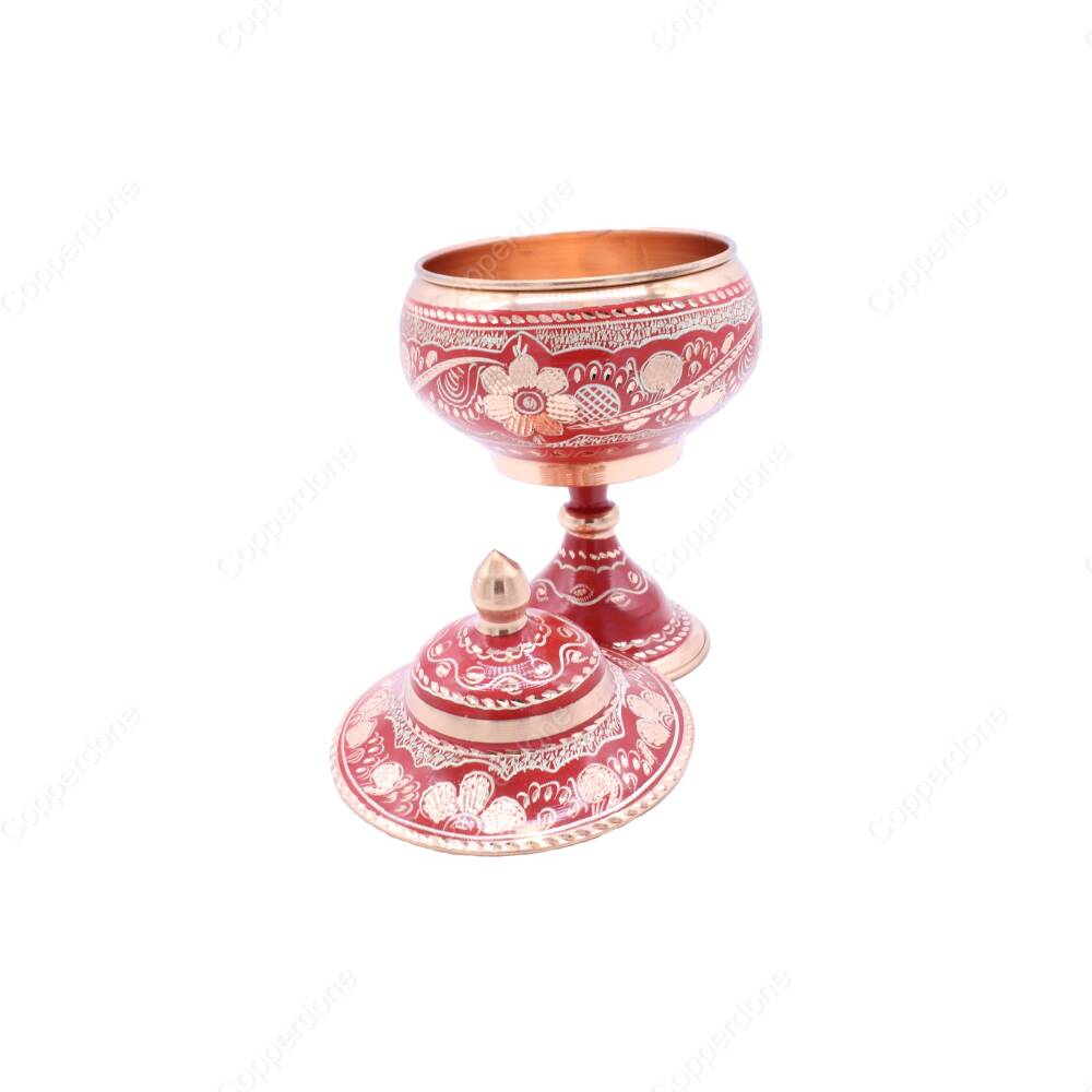 Copperdone Decorative Handmade Hand Engraved Copper Candy Sugar Bowl With Lid Red Color - 2