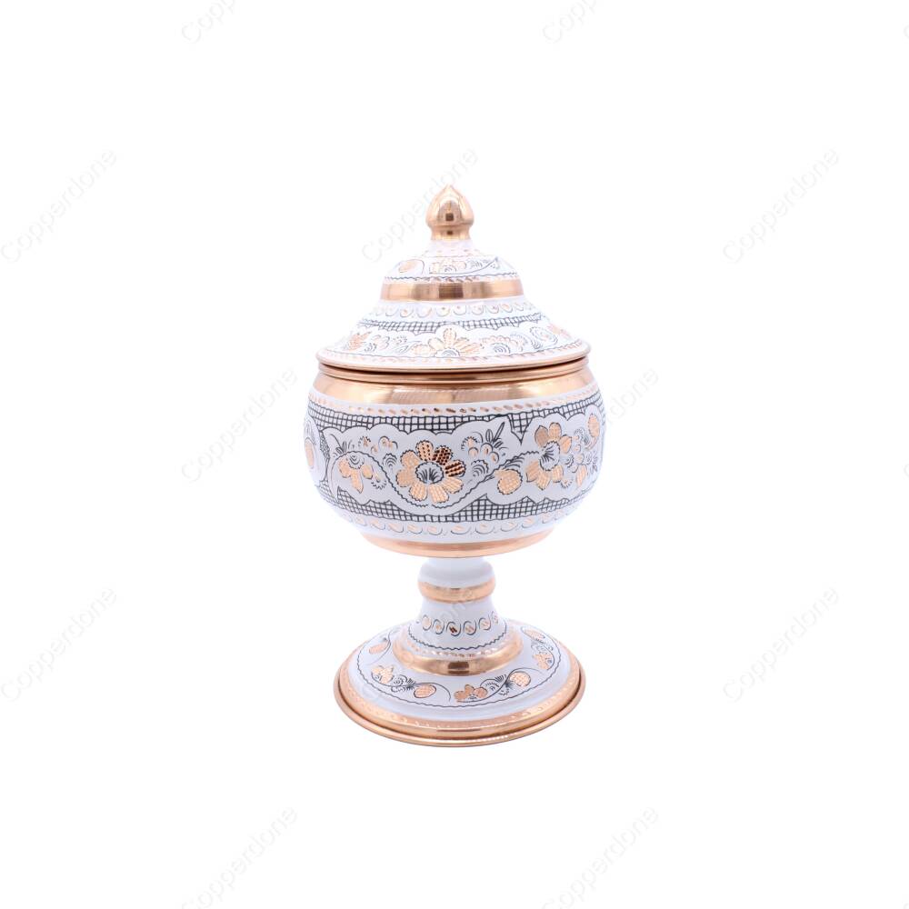 Copperdone Decorative Handmade Hand Engraved Copper Candy Sugar Bowl With Lid White Color - 1