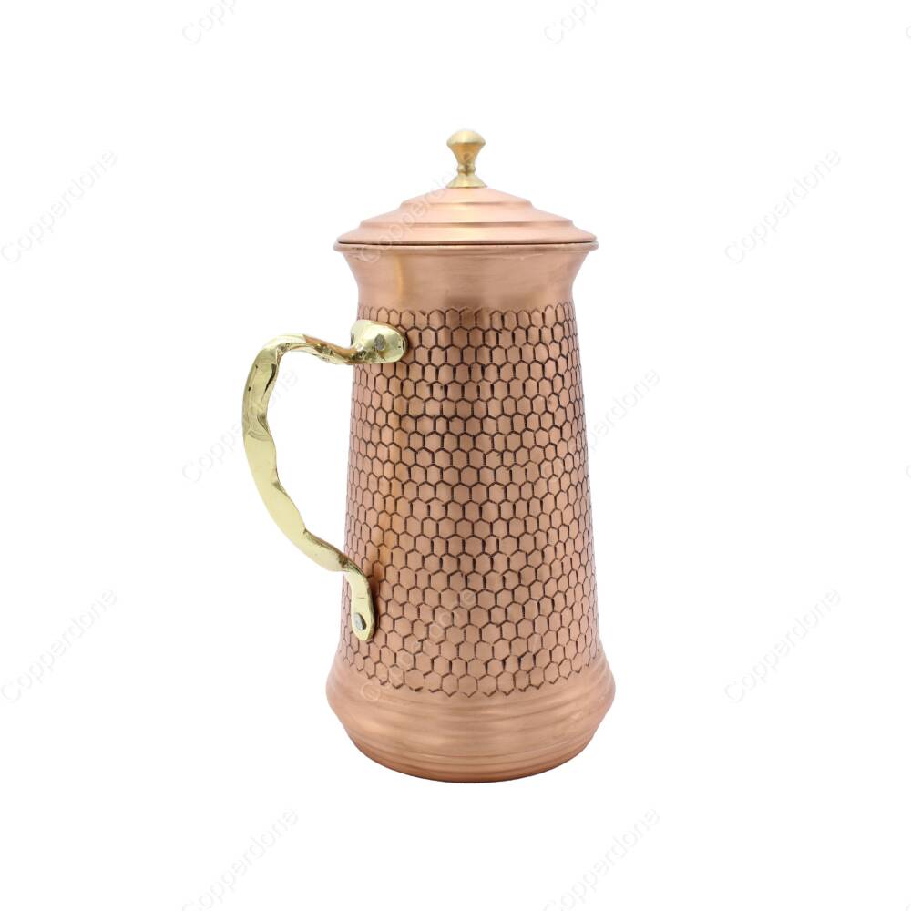 Copperdone Decorative Handmade Hoenycomb Motifs Hand Hammered Copper Jug Decanter With Lid for Water Drinkware Serving Shiny Copper Color - 2