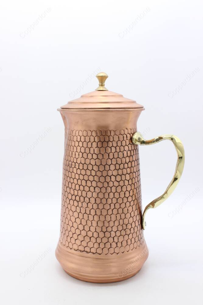 Copperdone Decorative Handmade Hoenycomb Motifs Hand Hammered Copper Jug Decanter With Lid for Water Drinkware Serving Shiny Copper Color - 3