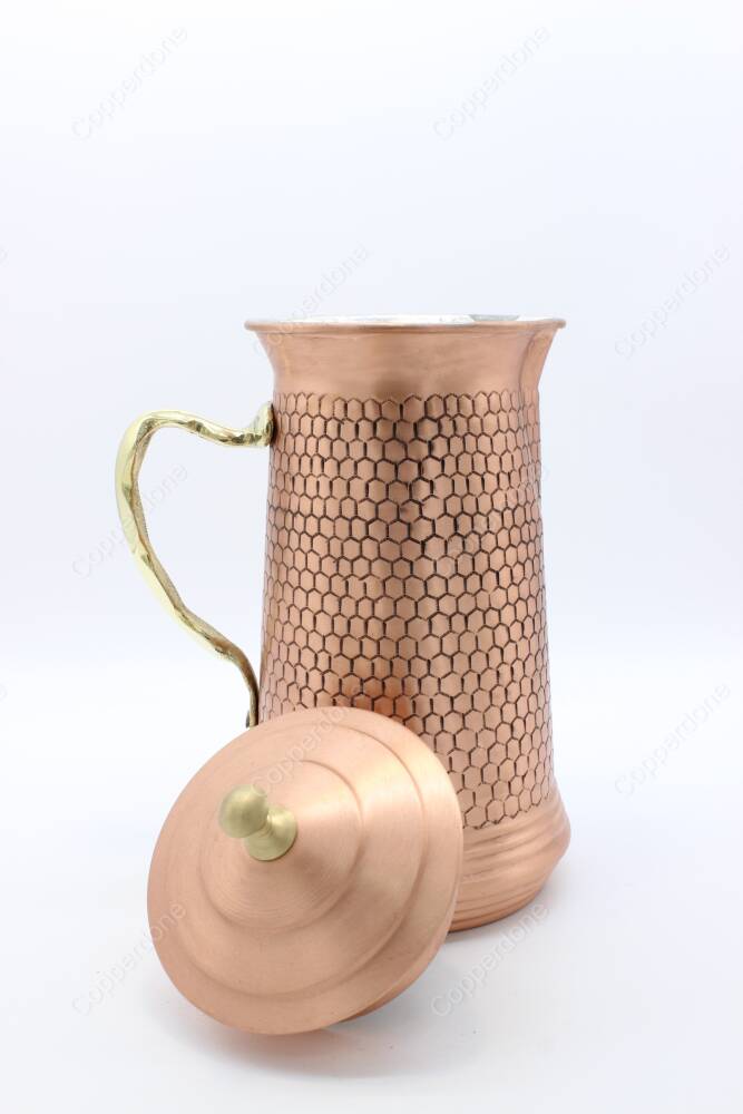 Copperdone Decorative Handmade Hoenycomb Motifs Hand Hammered Copper Jug Decanter With Lid for Water Drinkware Serving Shiny Copper Color - 4