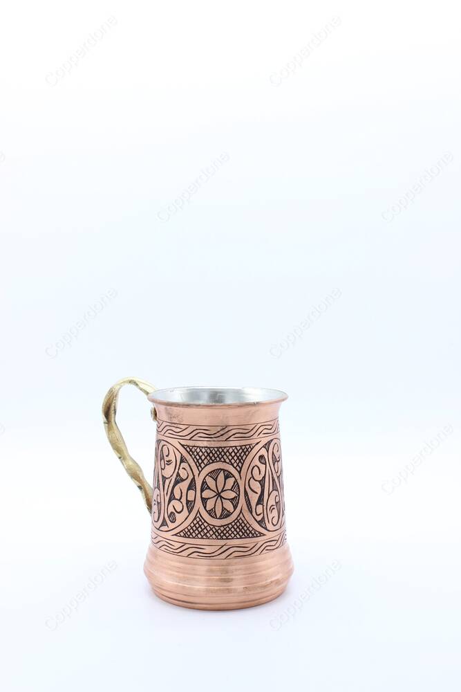 Copperdone El İşlemeli Çiçek Desenli Antik Eskitme Bakır Kupa Bardak - 4