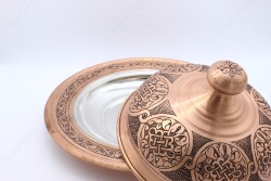 Copperdone El İşlemeli Yuvarlak Eskitme Bakır Servis Tabağı Antik Bakır Renk - 3