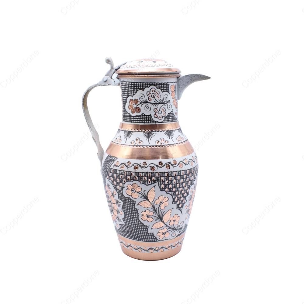 Copperdone Erzincan El İşlemeli Kapaklı Otantik Bakır Sürahi Beyaz Renk 30cm - 1