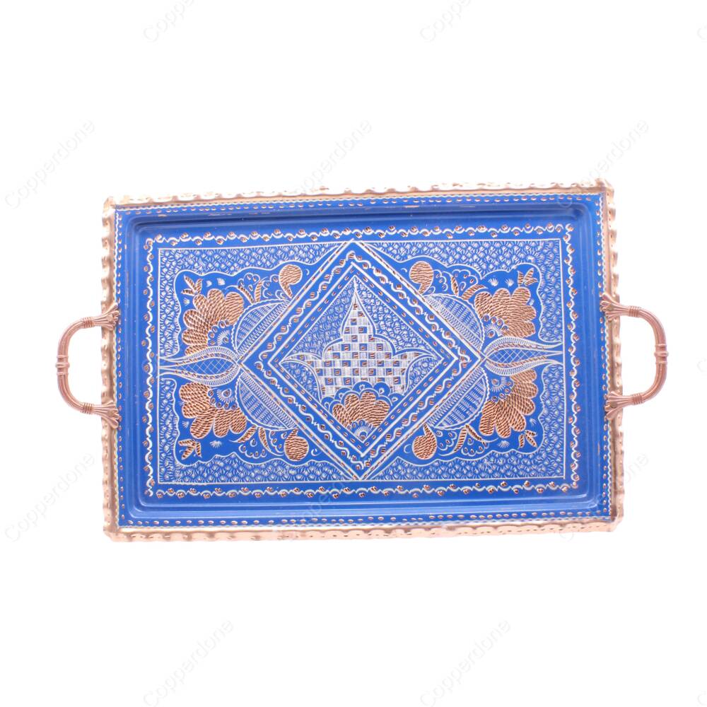 Copperdone Erzincan El İşlemesi Otantik Dikdörtgen Bakır Çay Kahve Servis Tepsisi Mavi Renk 39x26cm - 1