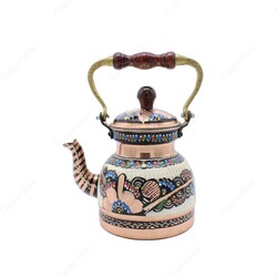 Copperdone Erzincan Handmade Hand Embroidered Copper Teapot Tea Kettle With Wooden Handle Black - 1