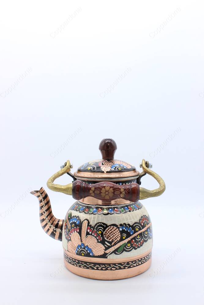 Copperdone Erzincan Handmade Hand Embroidered Copper Teapot Tea Kettle With Wooden Handle Black - 3