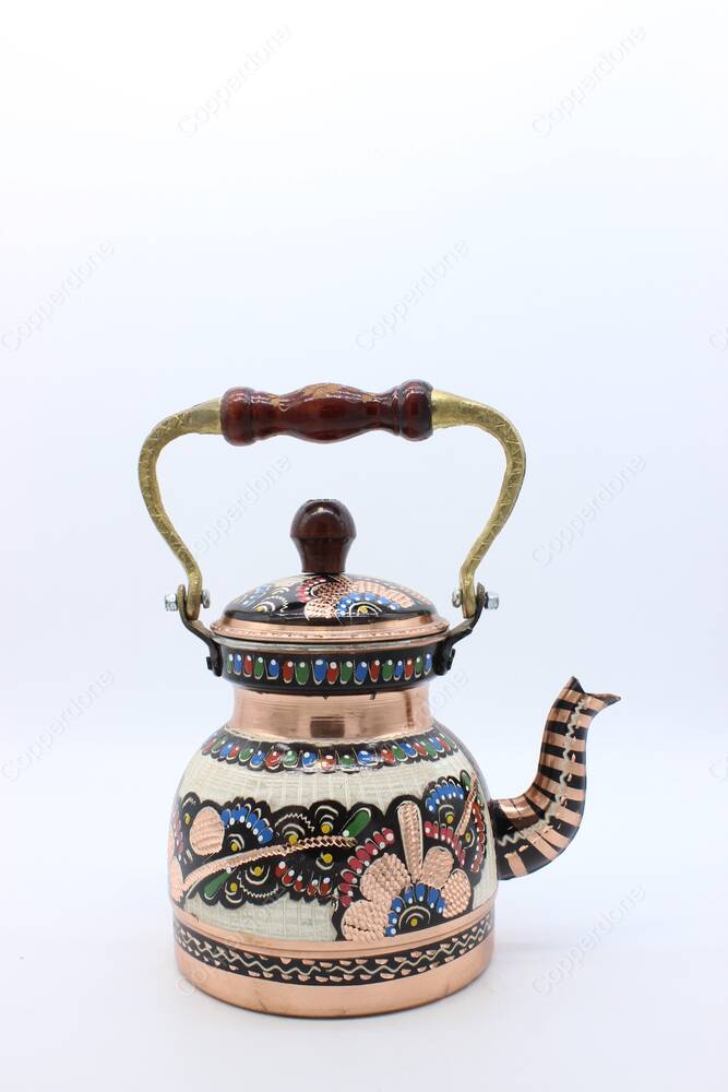 Copperdone Erzincan Handmade Hand Embroidered Copper Teapot Tea Kettle With Wooden Handle Black - 4