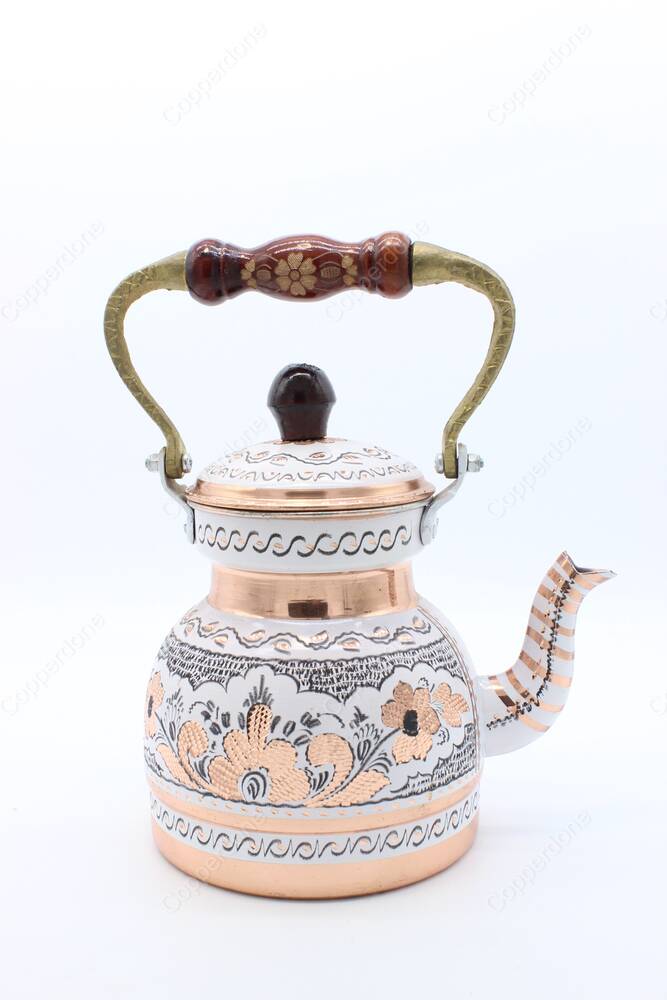 Copperdone Erzincan Handmade Hand Embroidered Copper Teapot Tea Kettle With Wooden Handle Black - 6