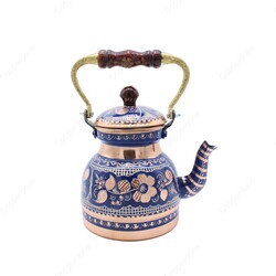 Copperdone Erzincan Handmade Hand Embroidered Copper Teapot Tea Kettle With Wooden Handle Blue - 1