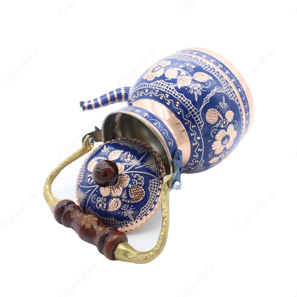 Copperdone Erzincan Handmade Hand Embroidered Copper Teapot Tea Kettle With Wooden Handle Blue - 2