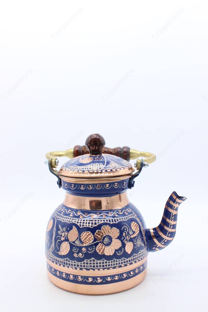 Copperdone Erzincan Handmade Hand Embroidered Copper Teapot Tea Kettle With Wooden Handle Blue - 3