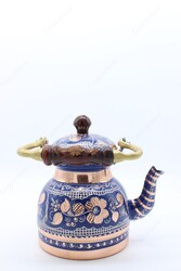 Copperdone Erzincan Handmade Hand Embroidered Copper Teapot Tea Kettle With Wooden Handle Blue - 4