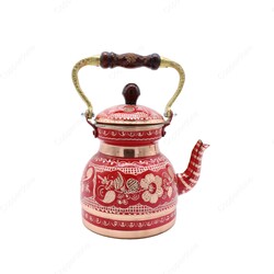 Copperdone Erzincan Handmade Hand Embroidered Copper Teapot Tea Kettle With Wooden Handle Red Color - 1