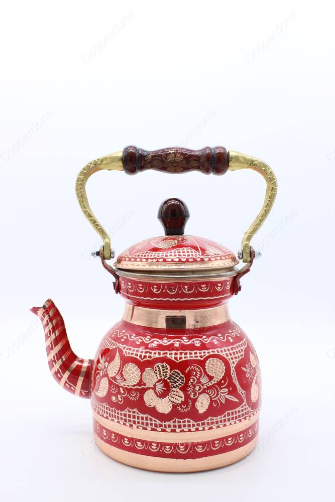 Copperdone Erzincan Handmade Hand Embroidered Copper Teapot Tea Kettle With Wooden Handle Red Color - 4