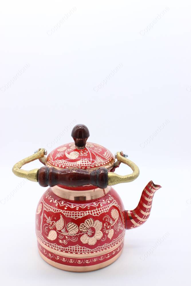 Copperdone Erzincan Handmade Hand Embroidered Copper Teapot Tea Kettle With Wooden Handle Red Color - 5