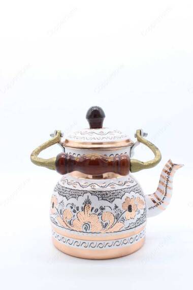 Copperdone Erzincan Handmade Hand Embroidered Copper Teapot Tea Kettle With Wooden Handle White - 3