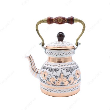 Copperdone Erzincan Handmade Hand Embroidered Copper Teapot Tea Kettle With Wooden Handle White - 1