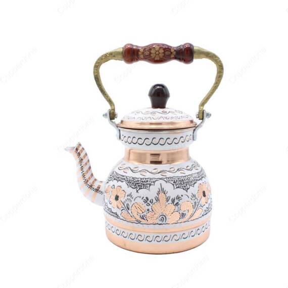 Copperdone Erzincan Handmade Hand Embroidered Copper Teapot Tea Kettle With Wooden Handle White - 1