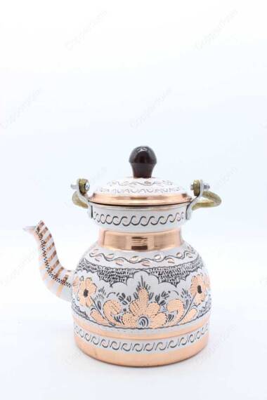 Copperdone Erzincan Handmade Hand Embroidered Copper Teapot Tea Kettle With Wooden Handle White - 4