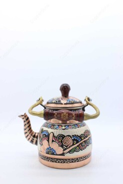 Copperdone Erzincan Handmade Hand Embroidered Copper Teapot Tea Kettle With Wooden Handle White - 8