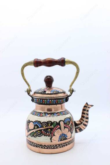 Copperdone Erzincan Handmade Hand Embroidered Copper Teapot Tea Kettle With Wooden Handle White - 9