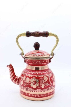 Copperdone Erzincan Handmade Hand Embroidered Copper Teapot Tea Kettle With Wooden Handle White - 17