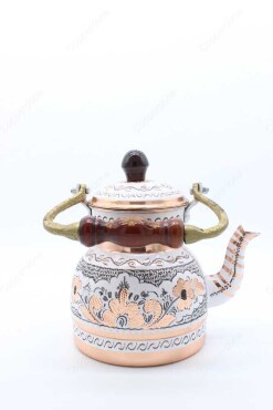 Copperdone Erzincan Handmade Hand Embroidered Copper Teapot Tea Kettle With Wooden Handle White - 21