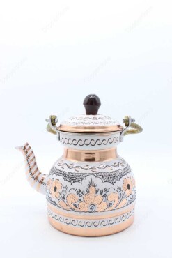 Copperdone Erzincan Handmade Hand Embroidered Copper Teapot Tea Kettle With Wooden Handle White - 22