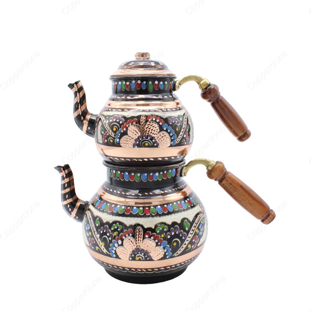 Copperdone Erzincan Handmade Hand Embroidered Large Size Copper Teapot Tea Kettle With Wooden Handle Black - 1