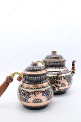 Copperdone Erzincan Handmade Hand Embroidered Large Size Copper Teapot Tea Kettle With Wooden Handle Black - 4