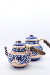 Copperdone Erzincan Handmade Hand Embroidered Large Size Copper Teapot Tea Kettle With Wooden Handle Blue - 4